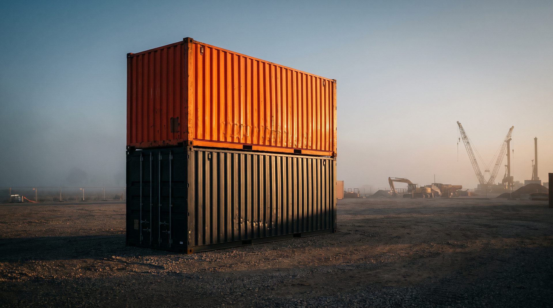 Stacked black and orange steel storage containers on a construction job site at dusk