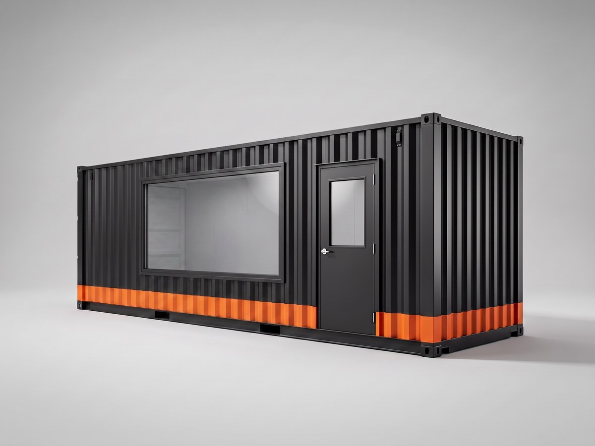 Modified steel office container with window and entry door